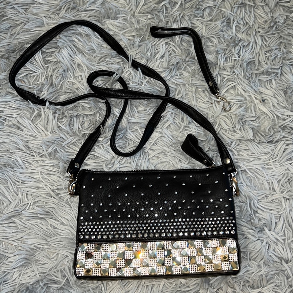 Black Tri Pocket Rhinestone Purse with Detachable Straps